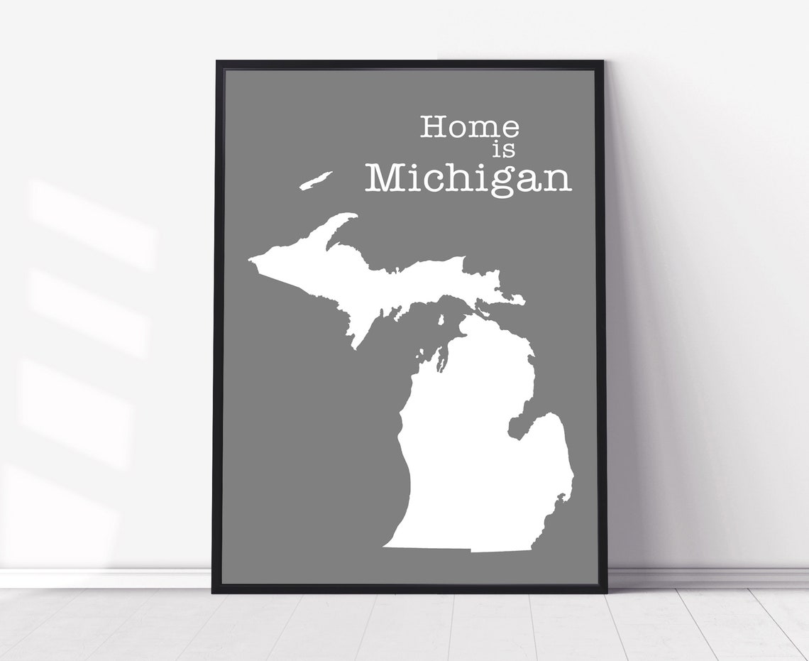Michigan Home Is Michigan White On Gray Minimalist Map Wall Art Print