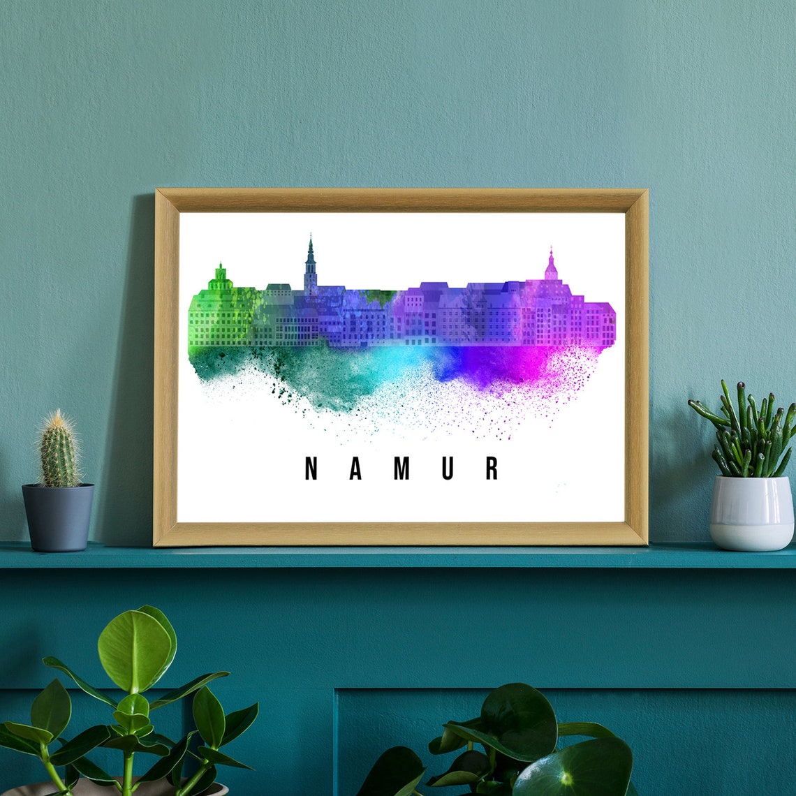 Namur Belgium Green Purple Watercolor Splash Skyline Wall Art - Image 2