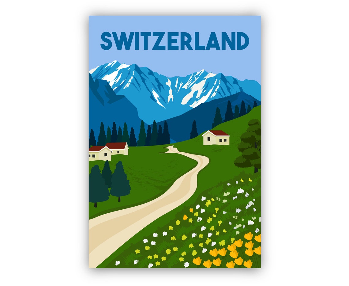 Switzerland Alpine Meadow Chalet Snowy Peaks Retro Travel Poster - Image 2