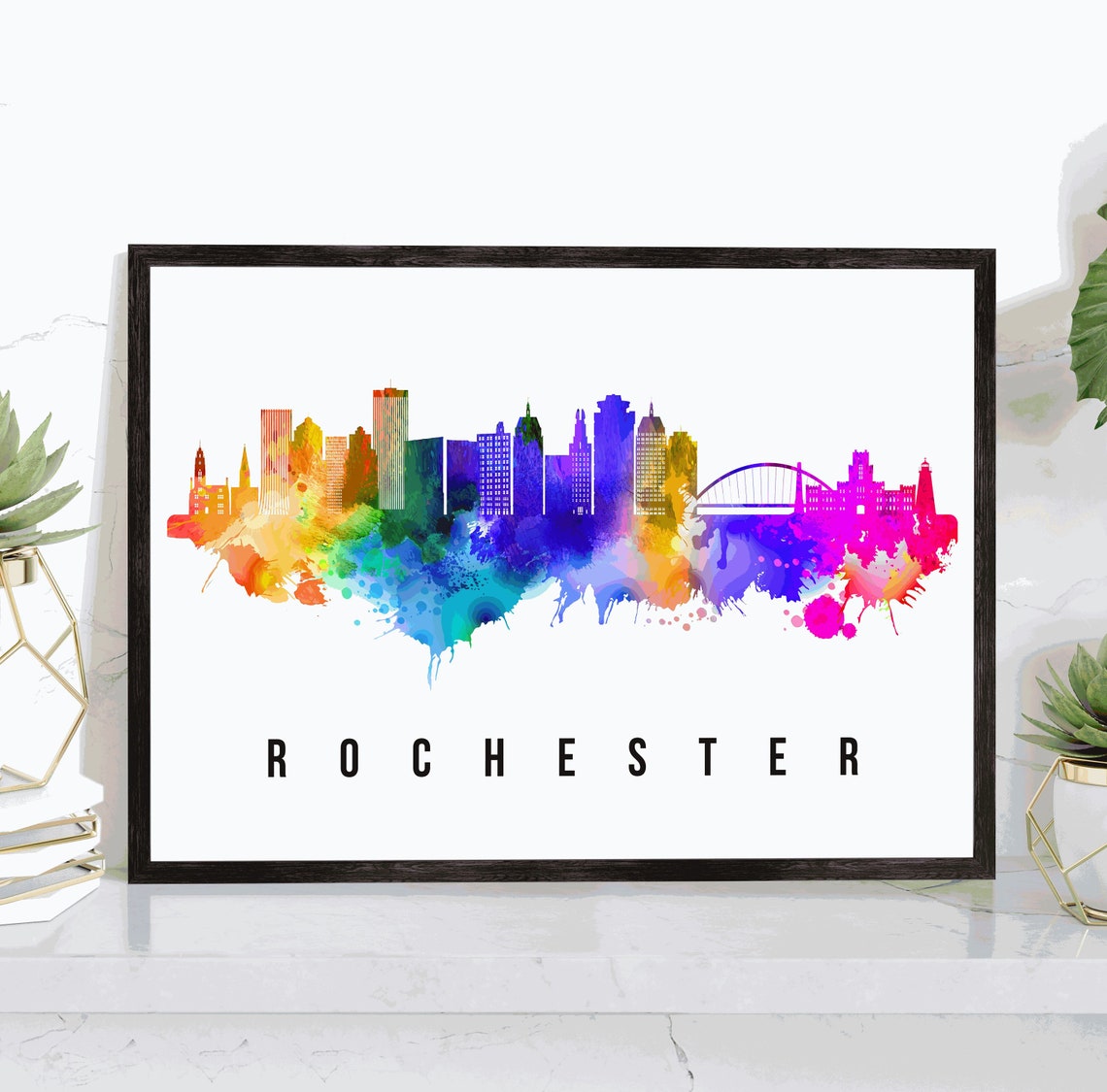 Rochester New York Downtown Bridge Watercolor Skyline Poster