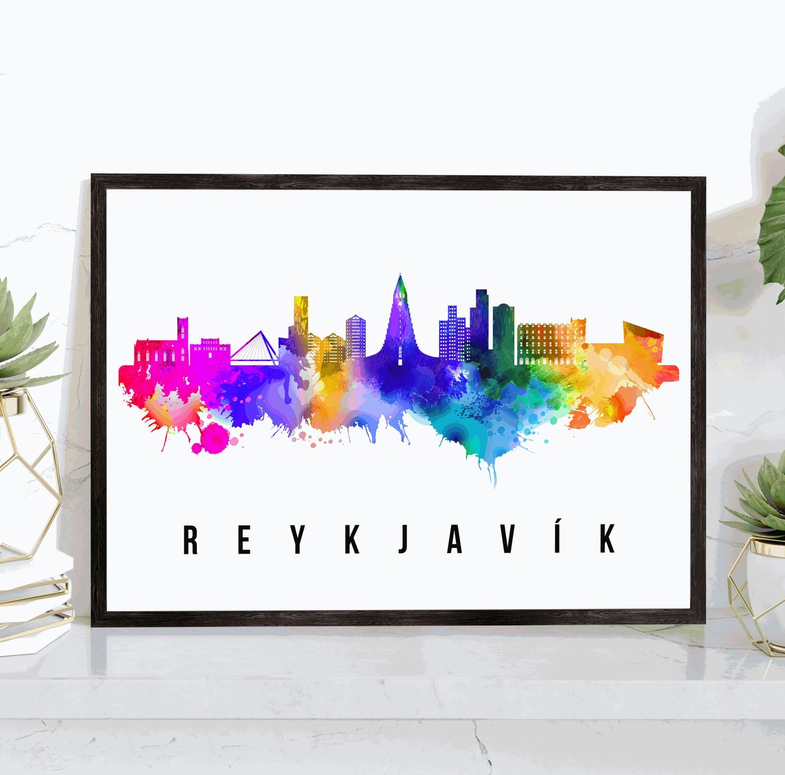 Reykjavik Iceland Rainbow Watercolor City Skyline Silhouette Poster