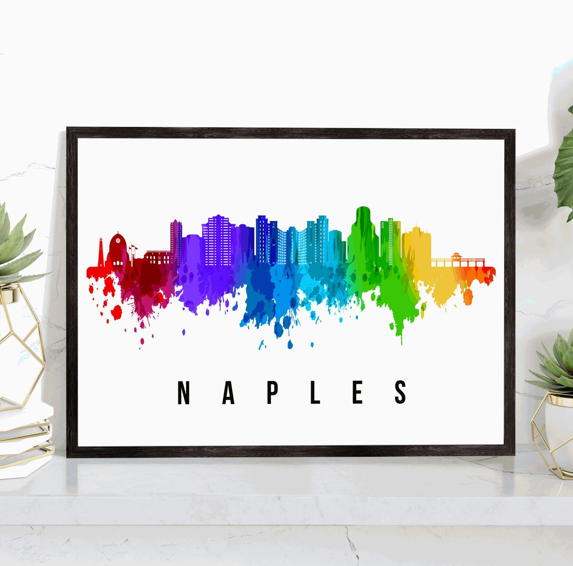 Naples Florida Rainbow Watercolor Skyline Cityscape Art Poster