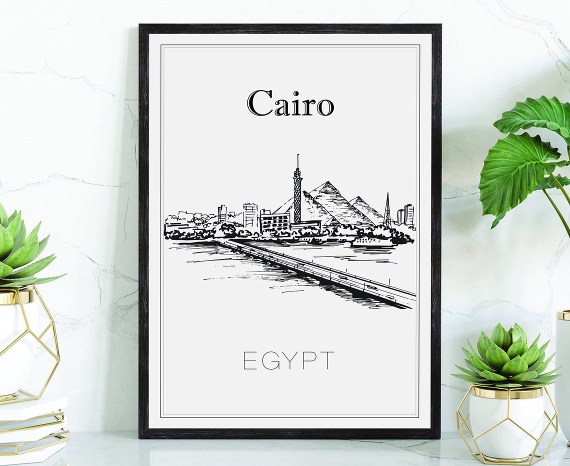 Cairo Egypt Pyramids Cairo Tower Nile Hand Drawn Sketch Art Poster