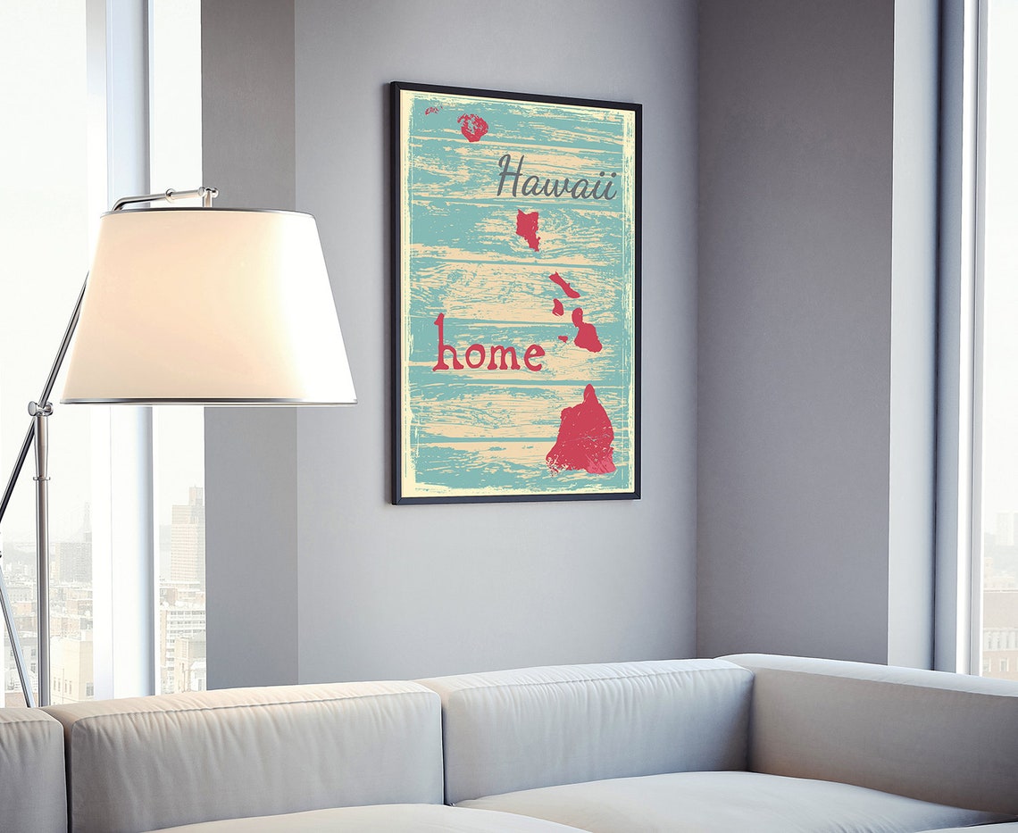 Hawaii Home Islands Red Silhouette Vintage Distressed Teal Map Poster - Image 4