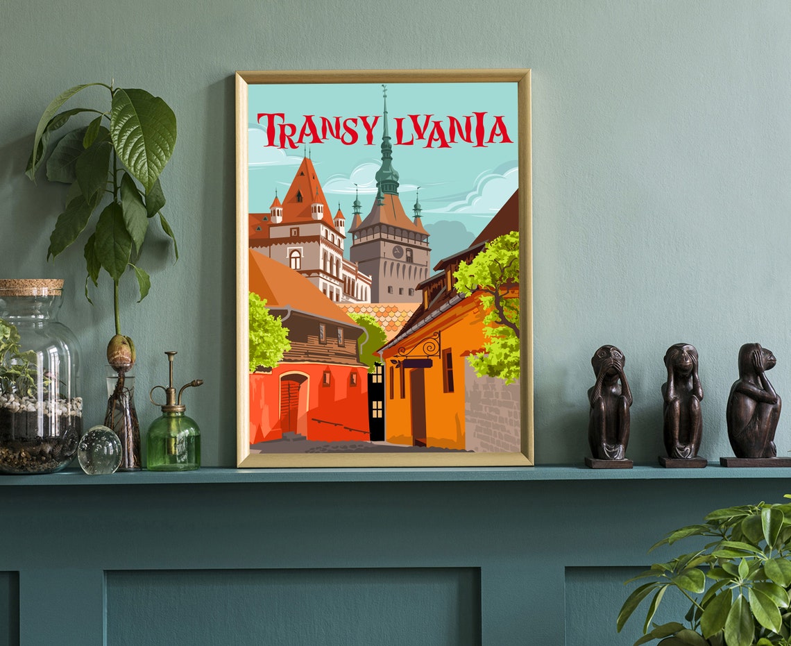 Transylvania Romania Old Town Clock Tower Vintage Travel Poster - Image 3