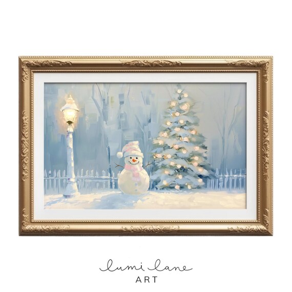 Smiling Snowman With Glowing Christmas Tree Pastel Winter Scene Poster