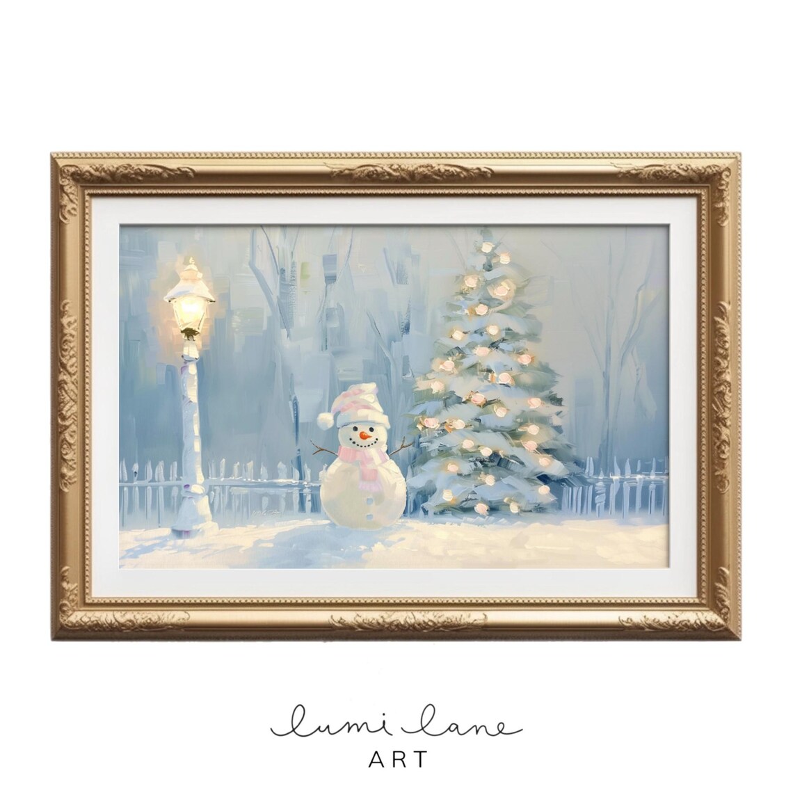 Smiling Snowman With Glowing Christmas Tree Pastel Winter Scene Poster