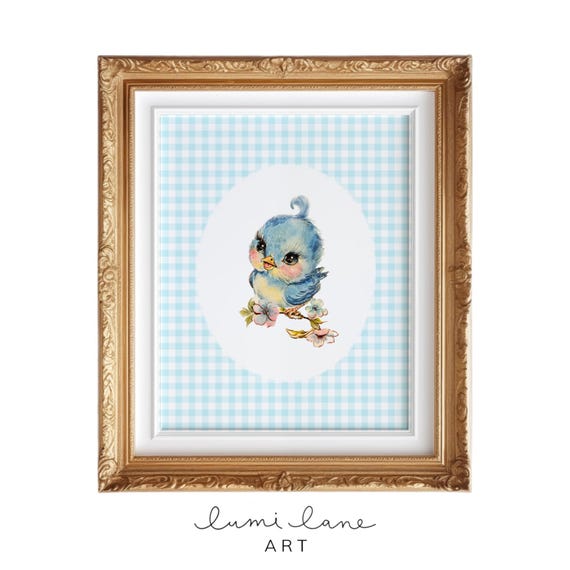 Gingham Bluebird Art Blue Pink Yellow And Green Nursery Wall Cute Vintage Style Adorable Kitsch Bird Print