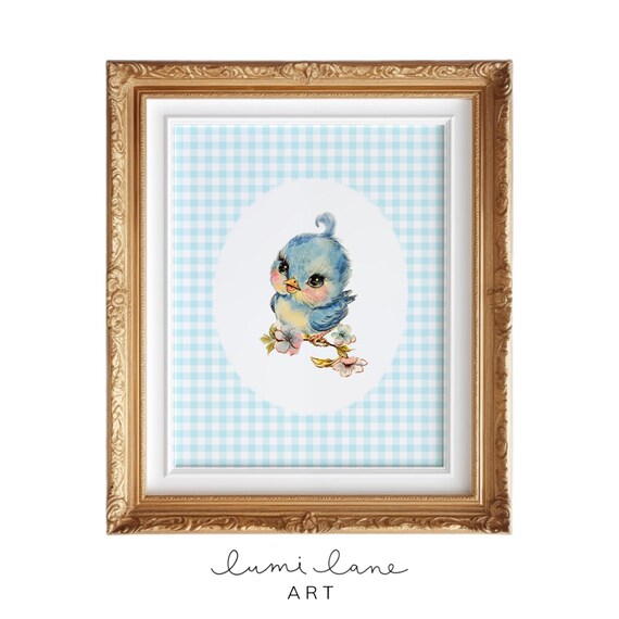 Sweet Vintage Bluebird on Blossom Branch Gingham Nursery Art Poster