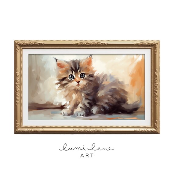 Tabby Kitten Blue Eyes Cute Fluffy Cat Textured Painting Wall Art