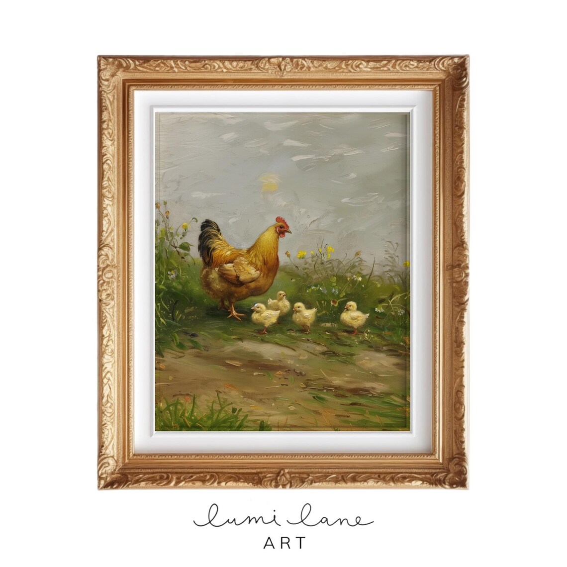 Hen With Chicks Vintage Farmyard Oil Painting Rustic Country Poster