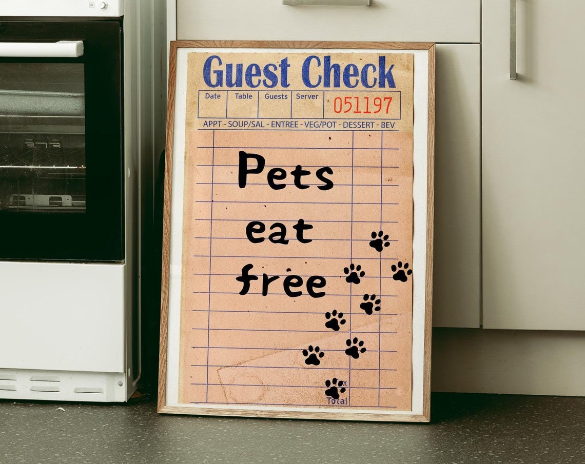Pets Eat Free Vintage Diner Guest Check Paw Prints Kitchen Poster