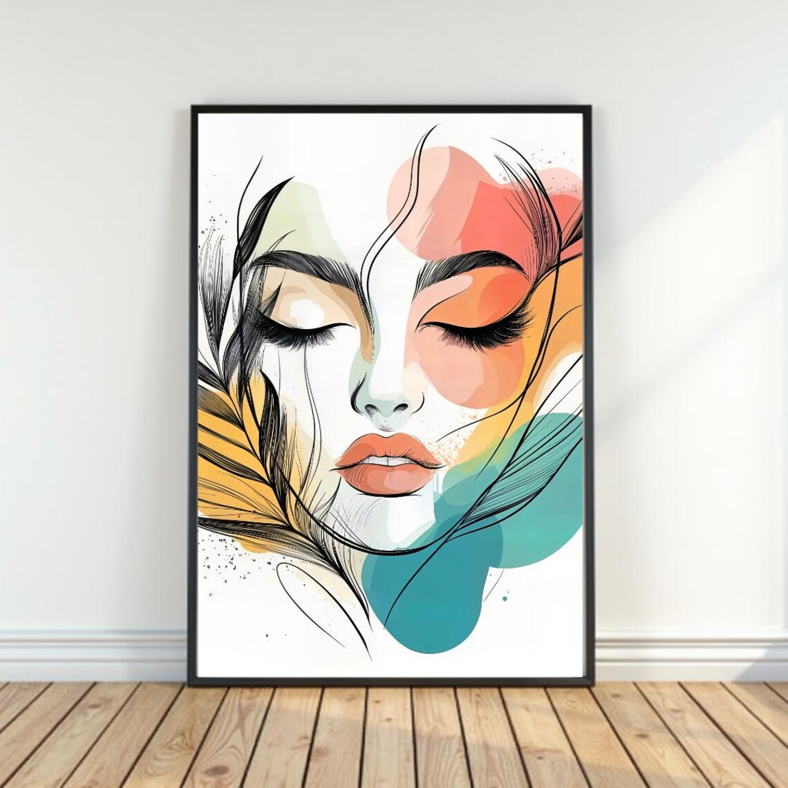 Boho Watercolor Woman Face with Feathers Warm Teal Art Poster