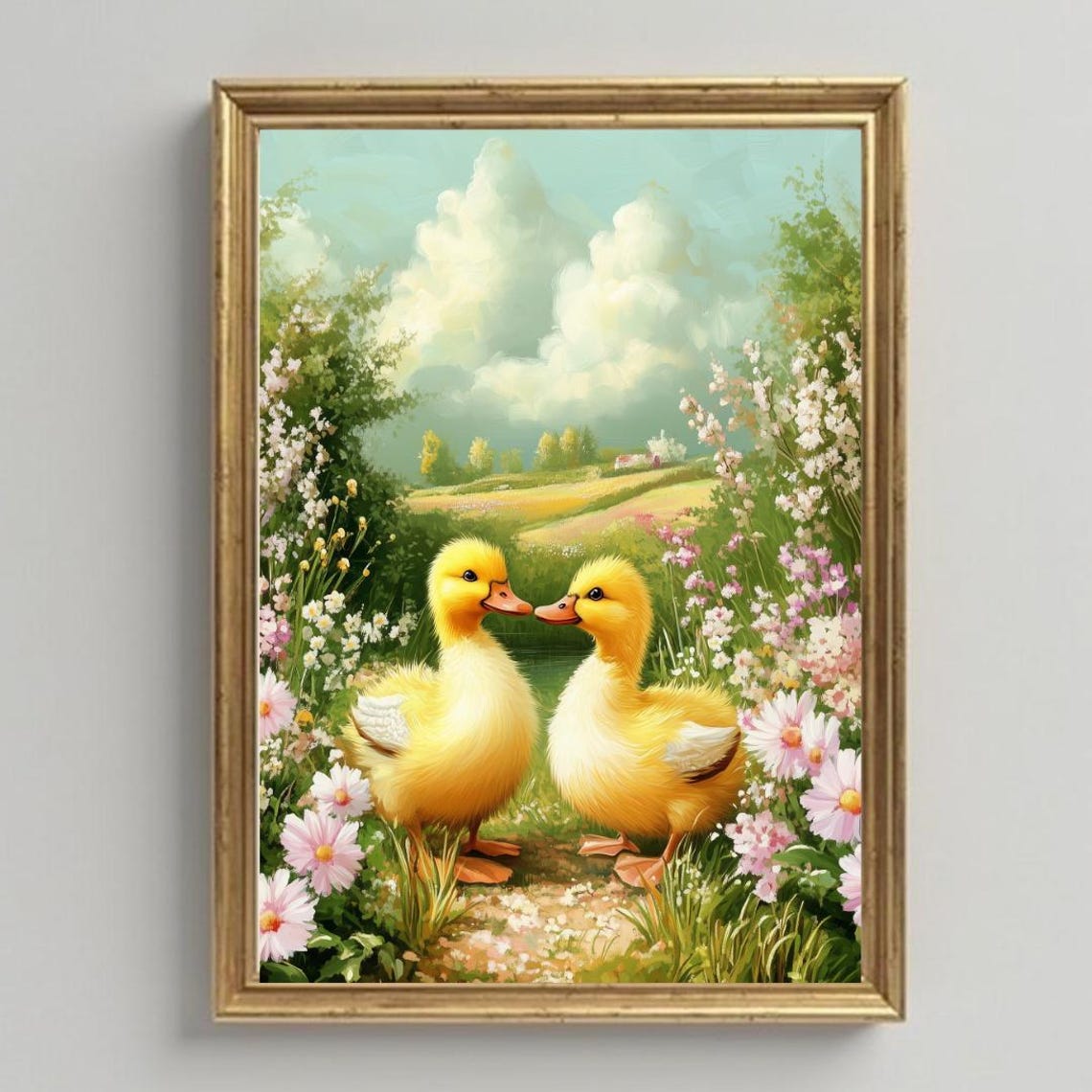 Two Yellow Ducklings Touching Beaks in a Flower Garden Poster