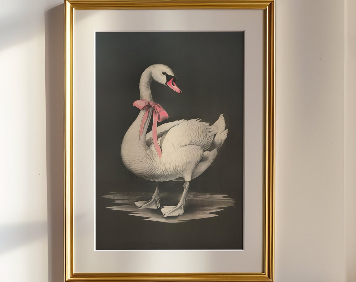 Standing White Swan With Pink Ribbon Antique Style Art Poster - Image 2