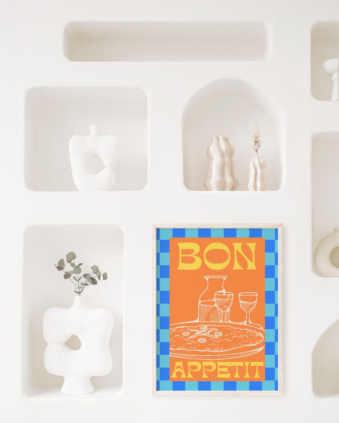 Bon Appetit Retro Pizza Wine Orange Checkered Kitchen Wall Poster - Image 5