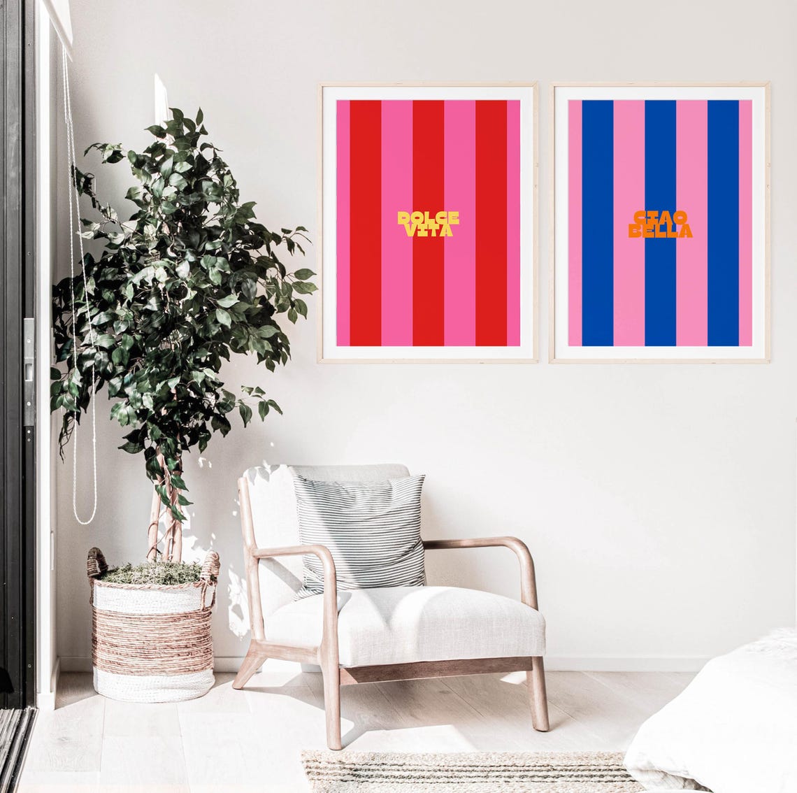 Ciao Bella Striped Blue Pink Bold Retro Italian Typography Poster - Image 4