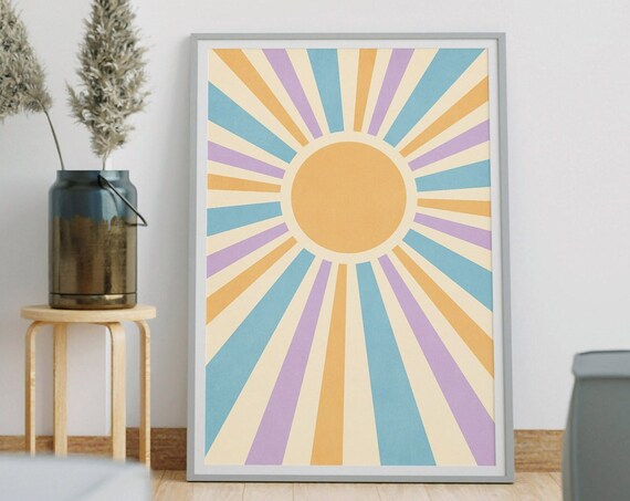 Cheerful Pastel Sunburst Wall Art with Colorful Retro Sun Rays Decor
