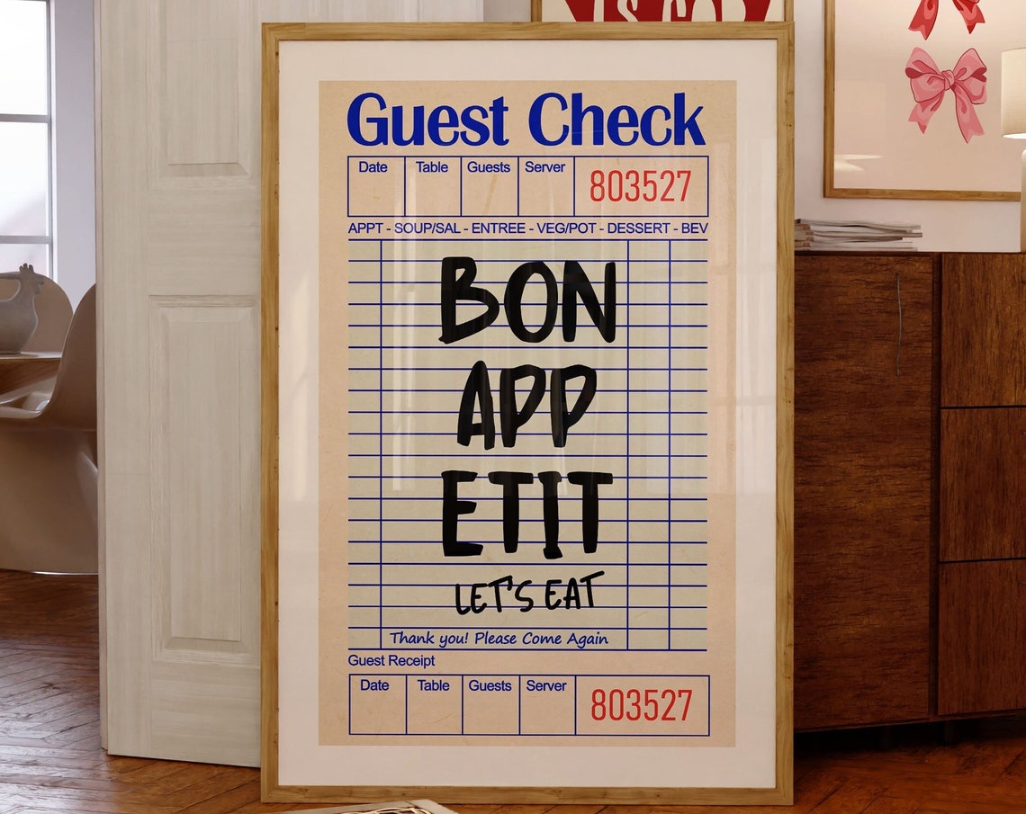 Bon Appetit Lets Eat Retro Guest Check French Cafe Kitchen Poster
