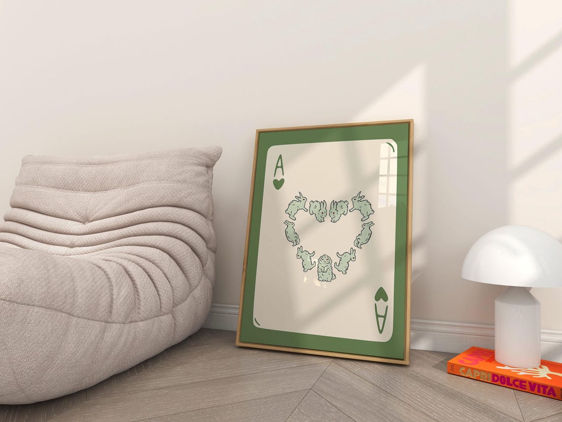 Green Ace of Hearts Playing Card Poster with Bunnies in a Heart Shape - Image 2