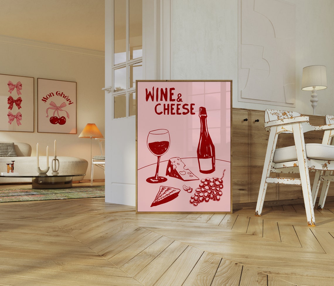 Wine And Cheese Mid Century Modern Pink Kitchen Bar Art Poster - Image 3