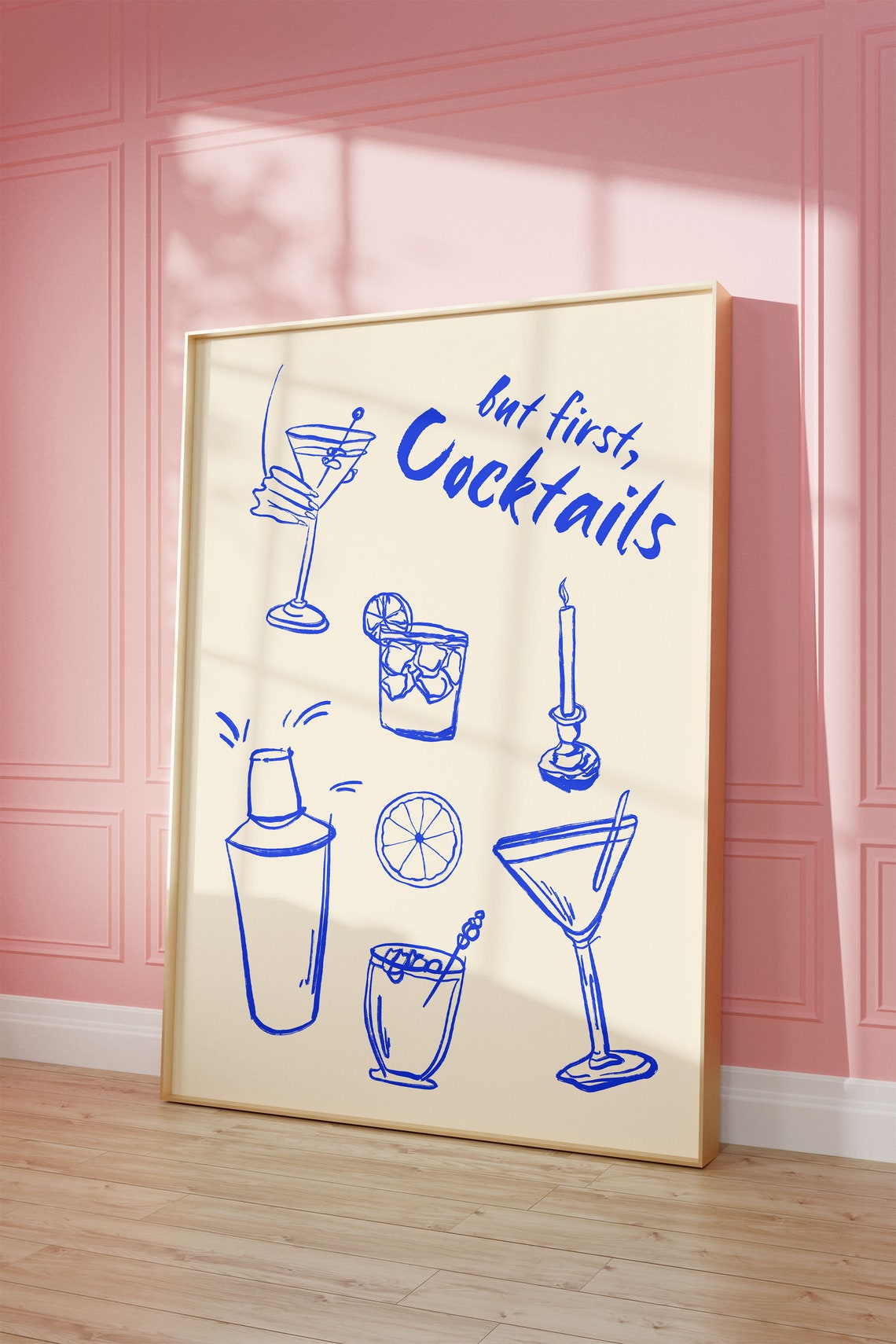 But First Cocktails Blue Line Art Bar Cart Decor Quote Poster - Image 3