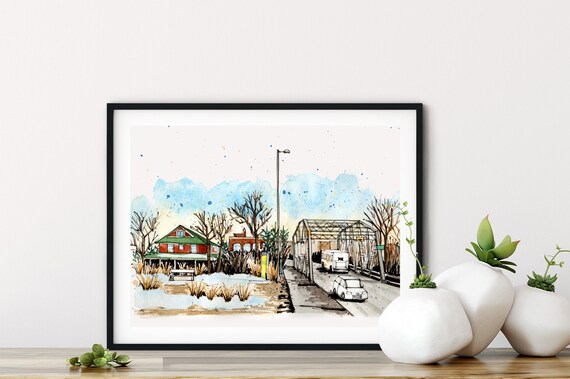 Snowy Winter Street Watercolor Historic Neighborhood Scene Art Poster