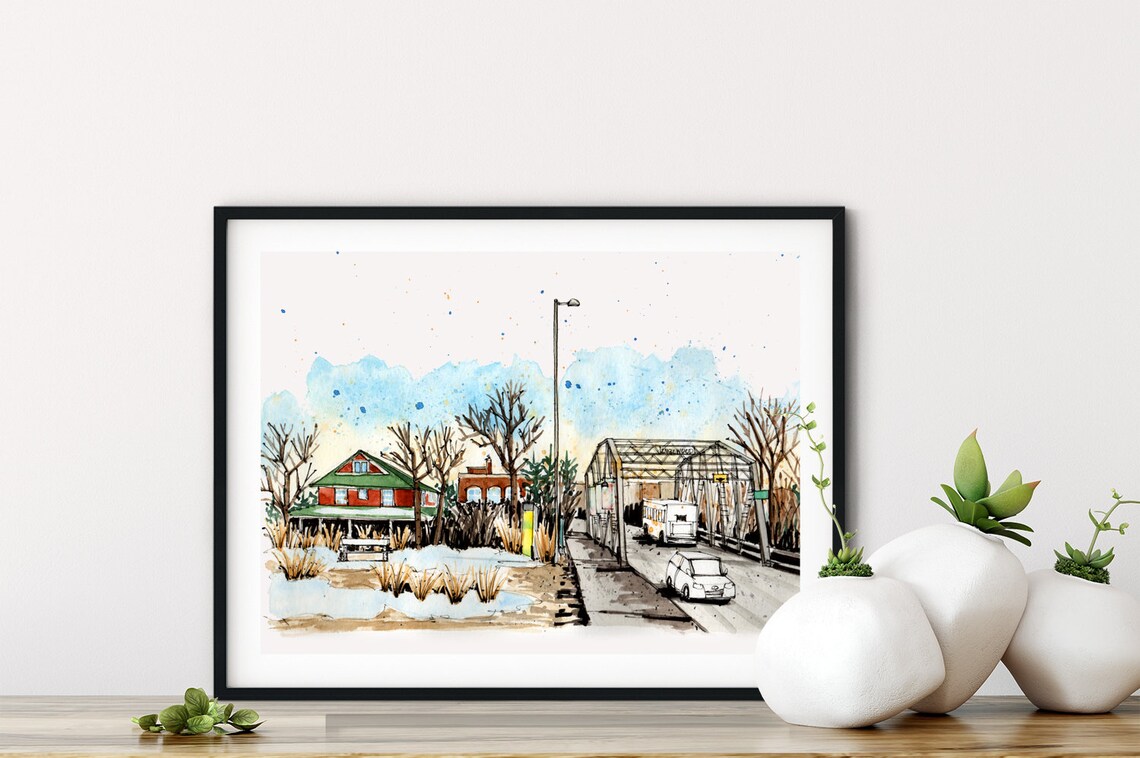 Snowy Winter Street Watercolor Historic Neighborhood Scene Art Poster