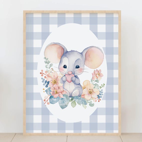 Blue Gingham Animal Print Baby Mouse Nursery Wall Art Cute Floral Kids Room Decor Artwork For Shower Gift