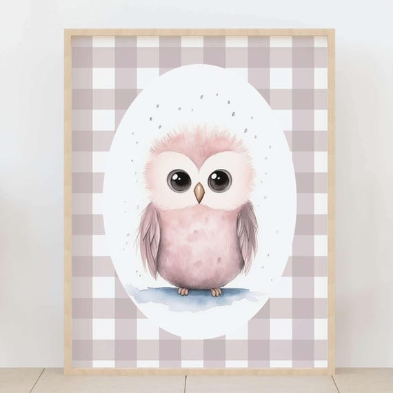 Cute Pink Owl Nursery Wall Art Pastel Brown Gingham Baby Room Decor Whimsical Animal Poster