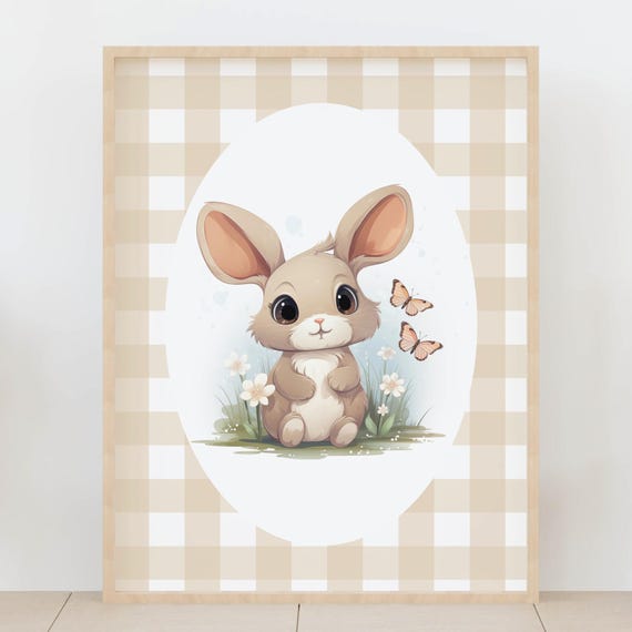 Vintage Gingham Bunny Nursery Wall Art Neutral Gender Baby Room Poster Cute Rabbit With Butterflies Kids Decor