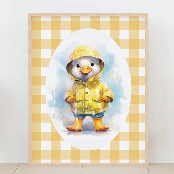Vintage Gingham Duck Nursery Wall Art Cute Duckling In Raincoat Kids Room Poster Yellow Gender Neutral Baby Decor