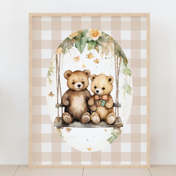 Teddy Bear Nursery Wall Art Beige Gingham Baby Room Dcor Cute Animal Kids Poster Gender Neutral Artwork