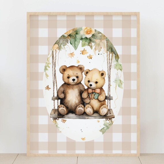 Teddy Bears On Swing Nursery Poster Floral Gingham Baby Room Decor
