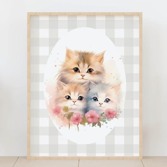 Gingham Cute Kitten Nursery Wall Art Print Neutral Baby Room Decor Three Fluffy Cat Illustration With Flowers