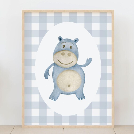 Cute Blue Hippo Nursery Poster Waving Baby Animal Gingham Room Decor