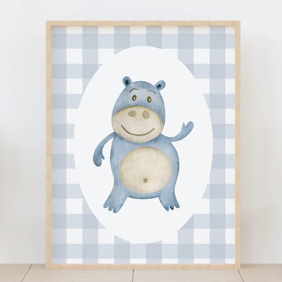 Cute Hippo Nursery Wall Art Blue Gingham Baby Room Dcor Animal Kids Poster Gender Neutral Artwork