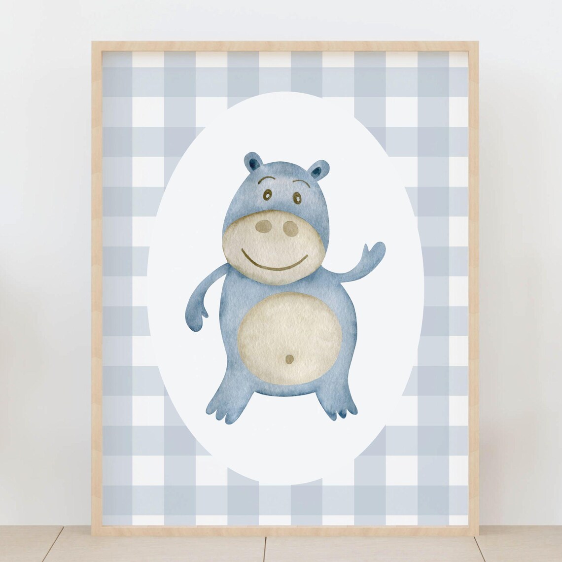 Cute Blue Hippo Nursery Poster Waving Baby Animal Gingham Room Decor