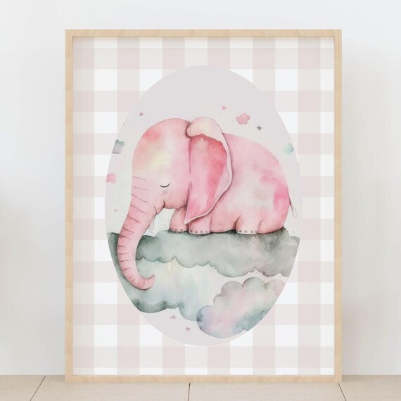 Pink Elephant Nursery Decor, Sleepy Cloud Art Print