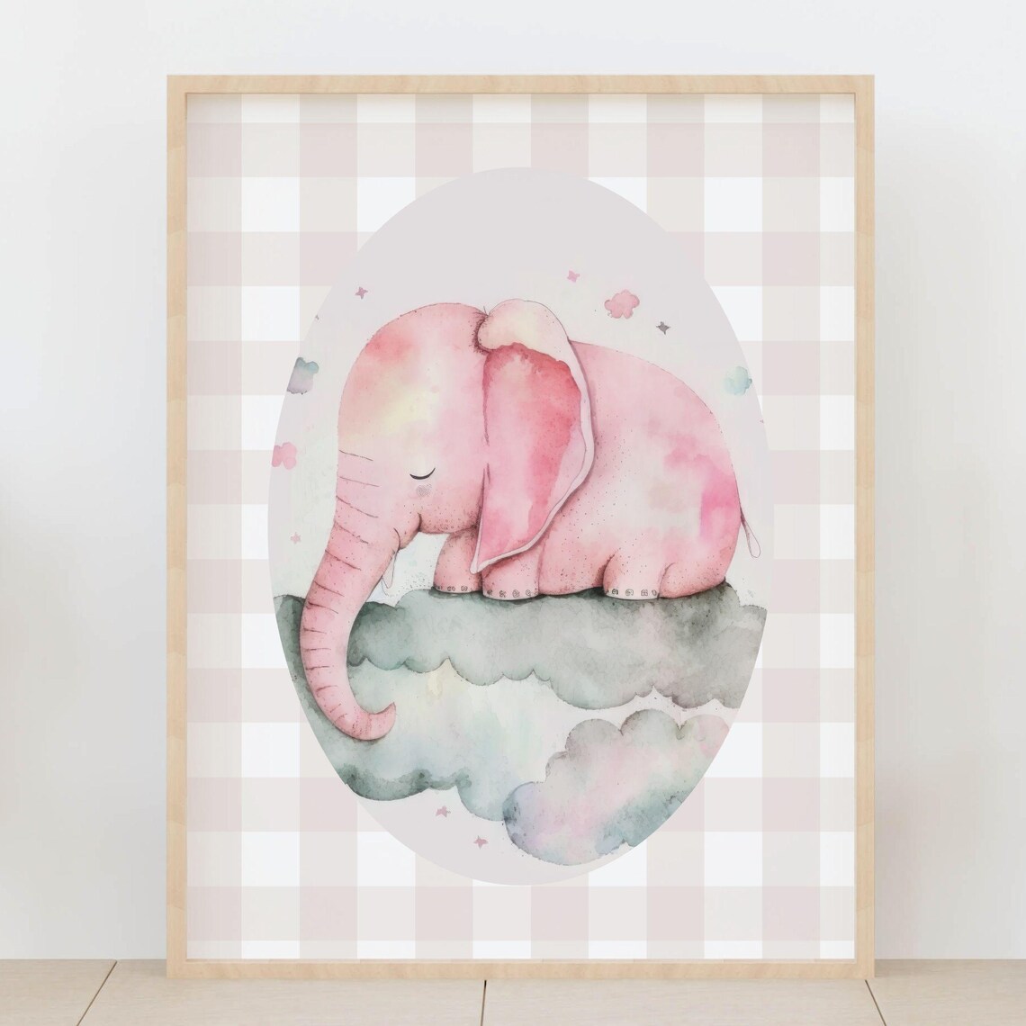 Pink Elephant Nursery Decor, Sleepy Cloud Art Print