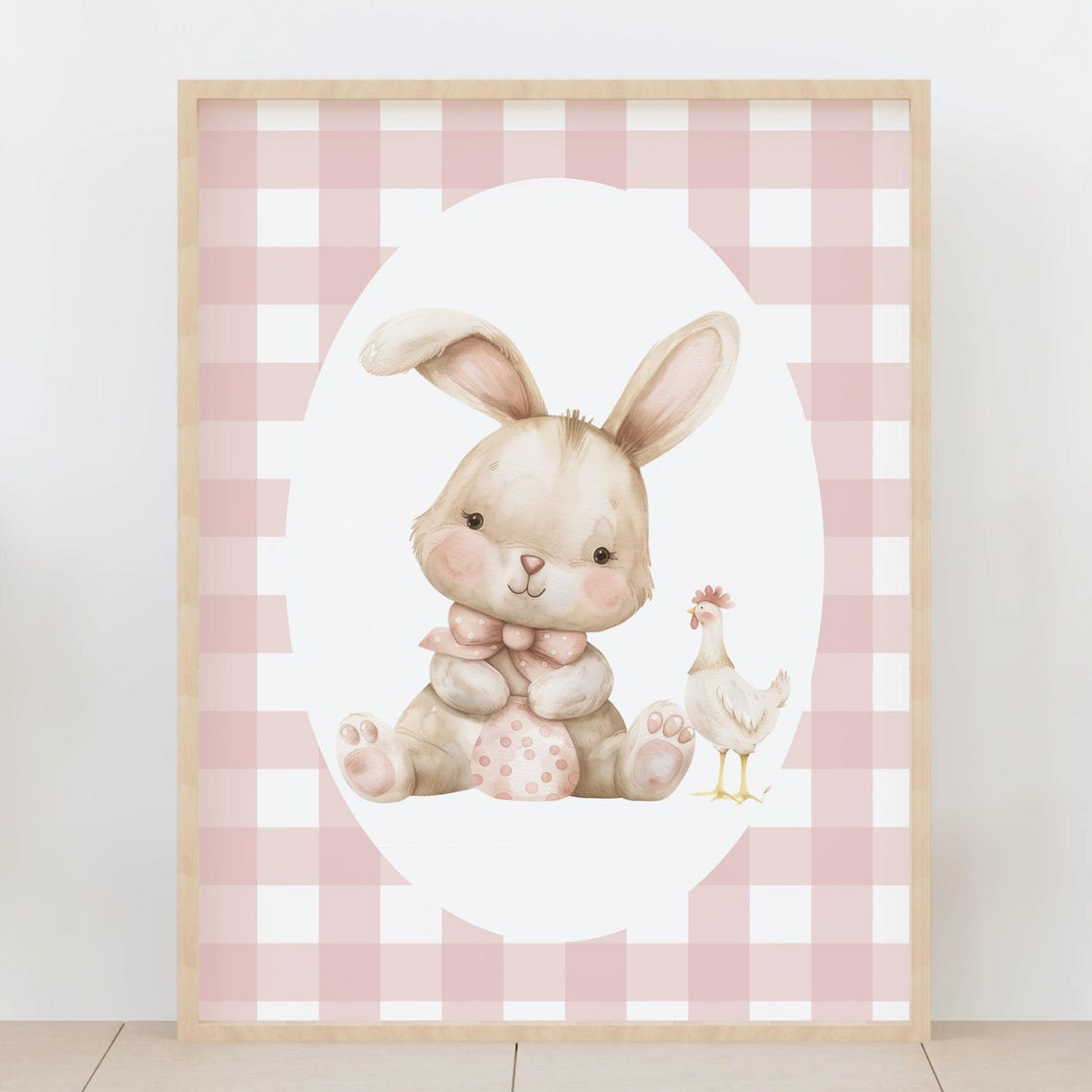 Bunny With Egg Nursery Poster Pink Gingham Baby Girl Chick Room Decor