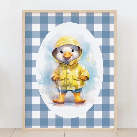 Vintage Gingham Duck Nursery Wall Art Cute Duckling In Raincoat Baby Room Poster Blue Gender Neutral Kids Decor