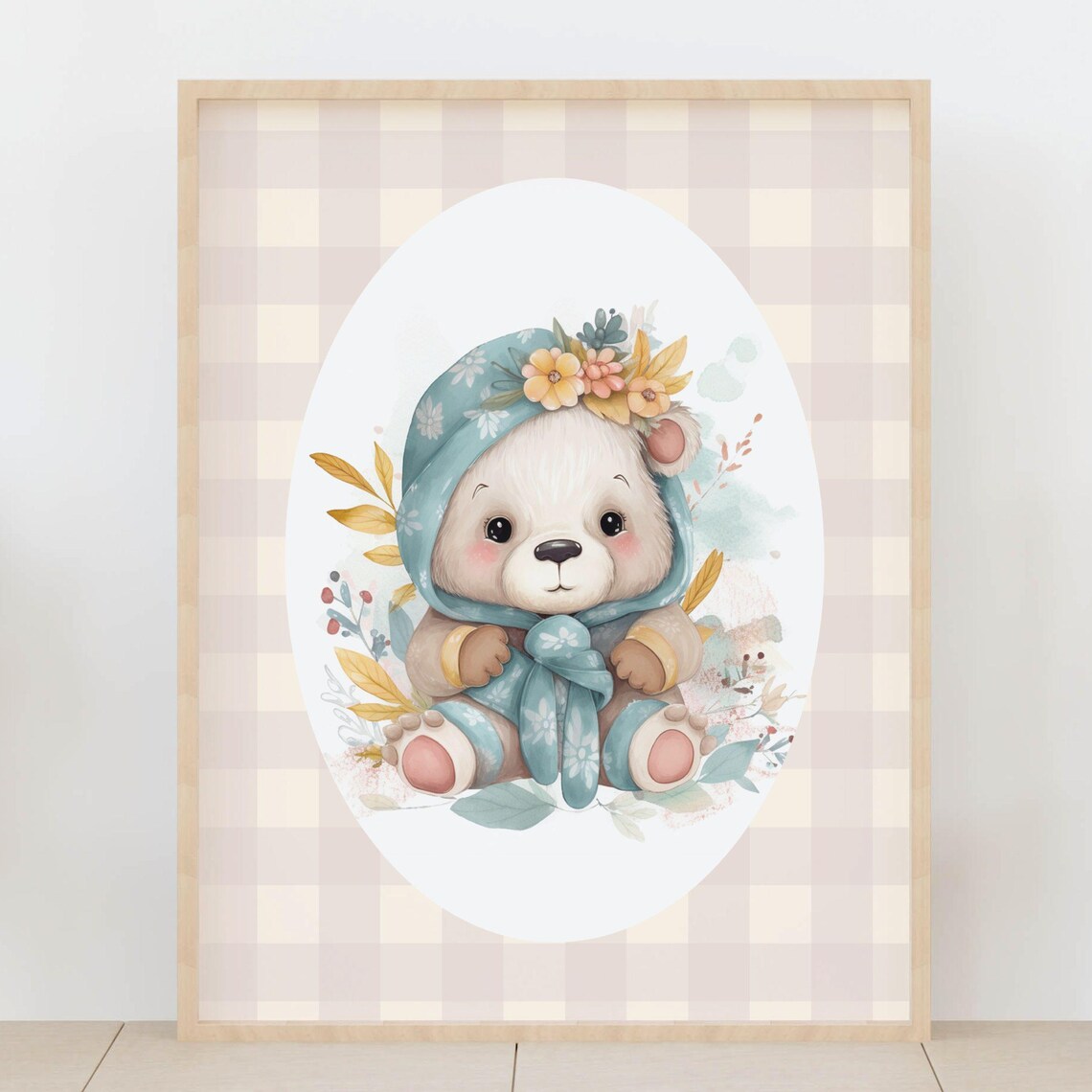 Cute Baby Bear in Floral Bonnet Watercolor Nursery Decor Poster