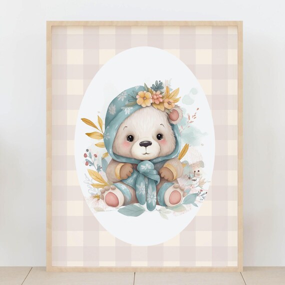 Cute Baby Bear in Floral Bonnet Watercolor Nursery Decor Poster