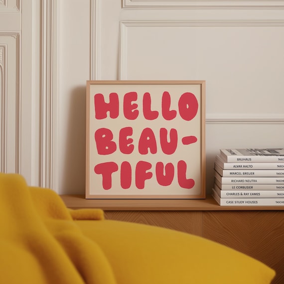 Hello Beautiful Red Bubble Letter Trendy Typography Affirmation Poster