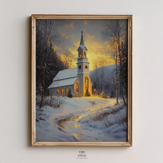 Vintage Village Chapel In Winter Cozy Snowy Scene Moody Decorative Art Soft Painterly Peaceful Wall Decor 134