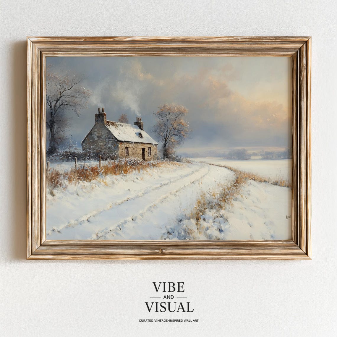 Snow Covered Stone Cottage Winter Road Rustic Country Wall Art