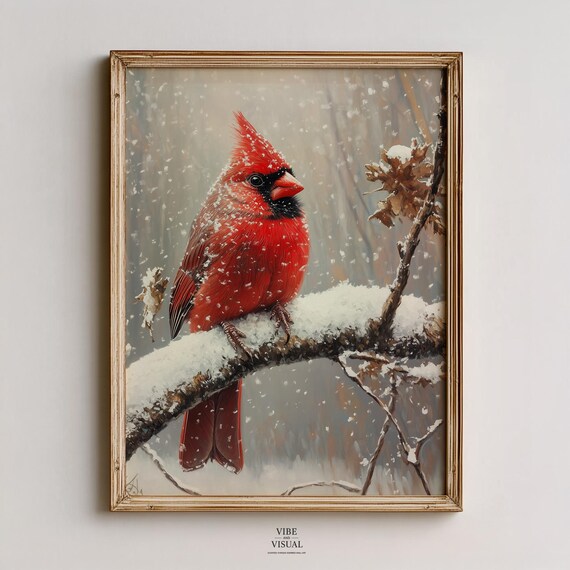 Rustic Cardinal On Snowy Branch Print Cozy Winter Wall Art Moody Oil Painting Textured Decor 127