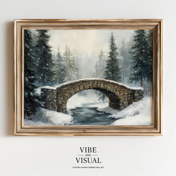 Moody Winter Landscape Art Stone Arched Bridge Over Stream Rustic Forest Decor Cozy Snowy Scene 182