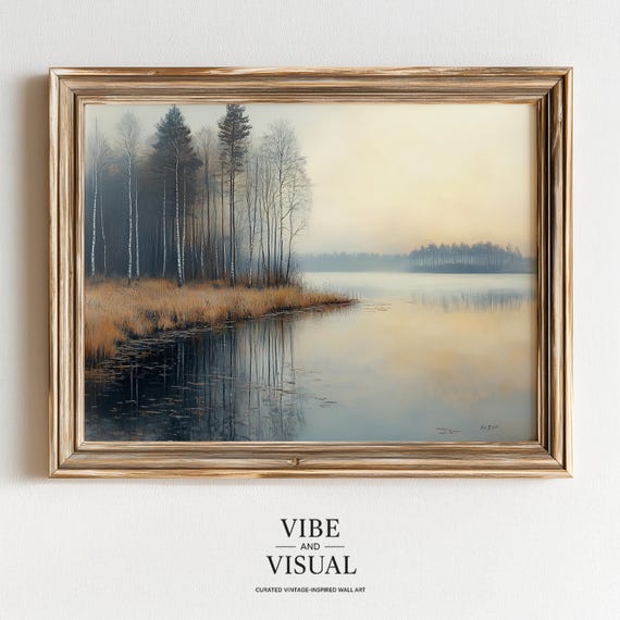 Moody Quiet Lakeside Landscape At Dawn Serene Rustic Painting Atmospheric Wall Art Vintage Calm Nature Scene 143